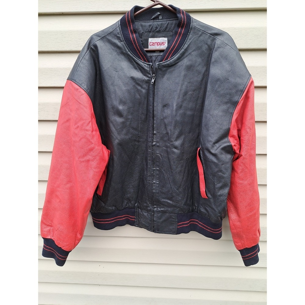 Campus Men's Black/Red Leather Long Sleeve Jacket Bumper Lined Full Zipper XL